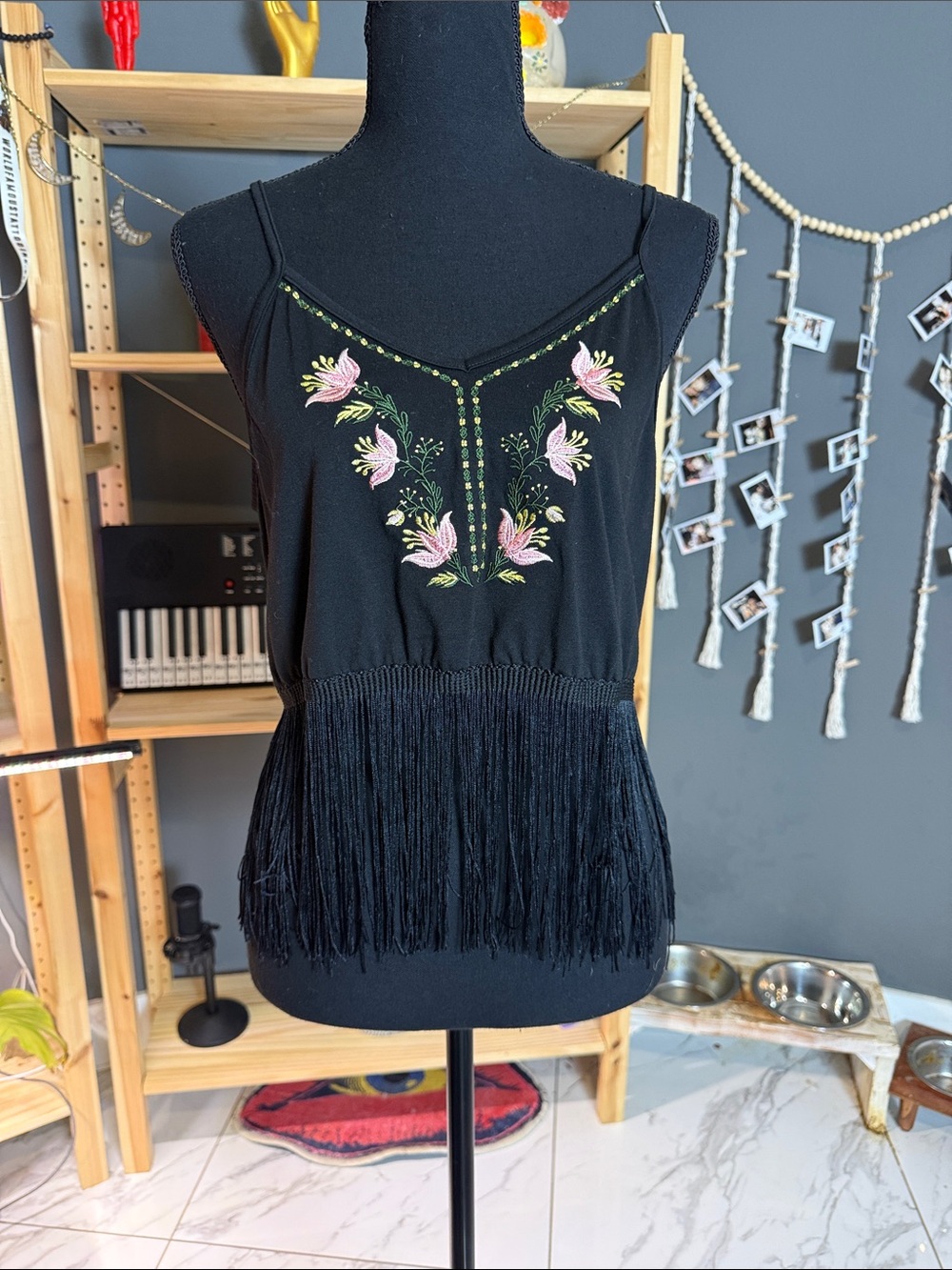 Black Embroidered Fringe Cami Top - Pink Floral